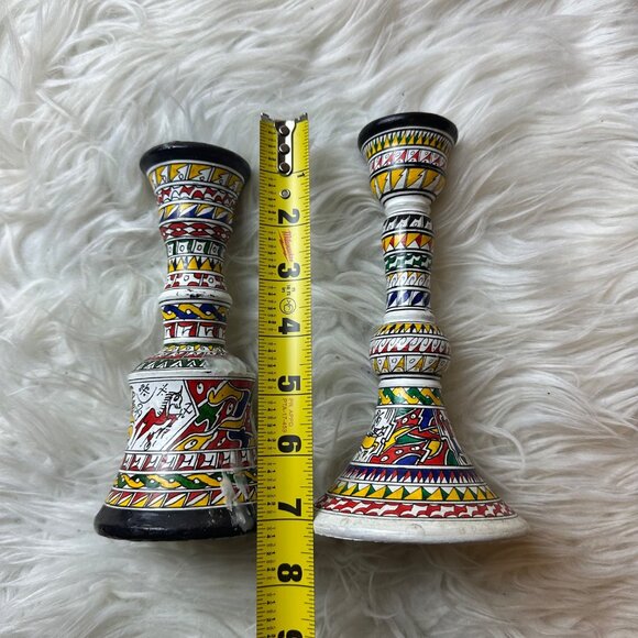 Vintage Hand Painted 2PCS Ceramic Candle Holders Artsy Artisan Tribal Boho - Picture 6 of 11